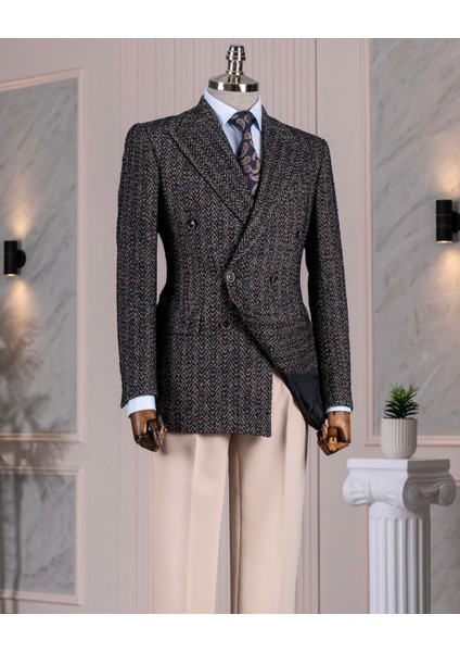 Italyan Stil Slim Fit Balıksırtı Kruvaze Tek Ceket Erkek Lacivert T13482