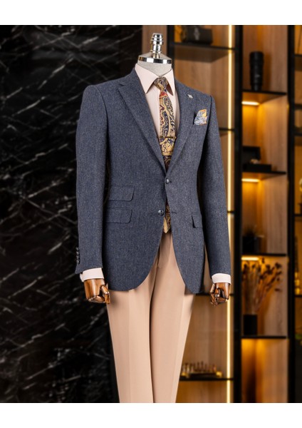 Italyan Stil Slim Fit Mono Yaka Erkek Tek Ceket Lacivert T13349