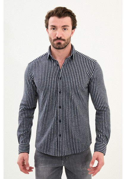 Çizgili Slim Fit Yün Erkek Gömlek