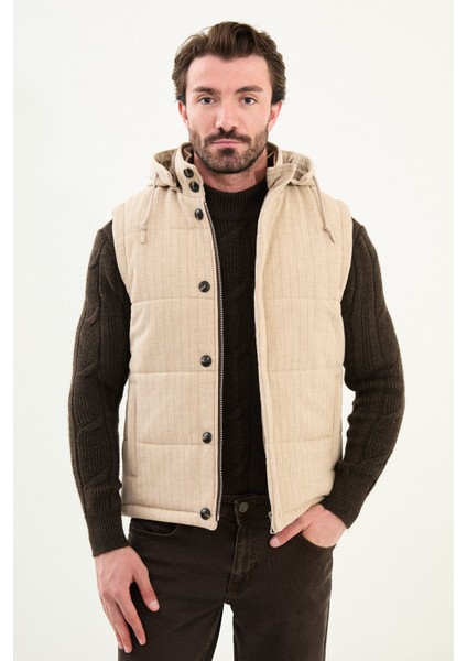 Çizgili Slim Fit Kapşonlu Şişme Erkek Yelek