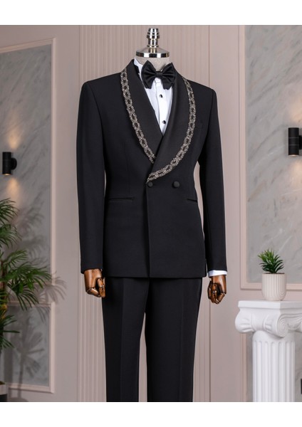 Italyan Stil Slim Fit Şal Yaka Taşlı Ceket Pantolon Damatlık Set Siyah T14548