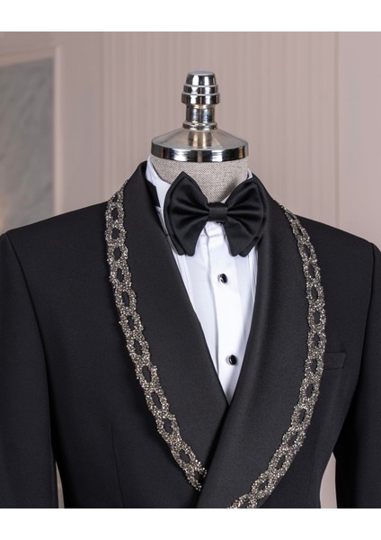 Italyan Stil Slim Fit Şal Yaka Taşlı Ceket Pantolon Damatlık Set Siyah T14548 fiyatları