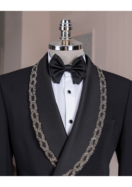 Italyan Stil Slim Fit Şal Yaka Taşlı Ceket Pantolon Damatlık Set Siyah T14548 modelleri