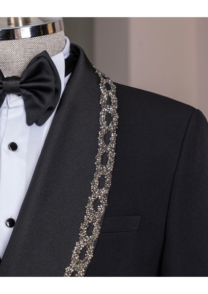 Italyan Stil Slim Fit Şal Yaka Taşlı Ceket Pantolon Damatlık Set Siyah T14548 fırsatları