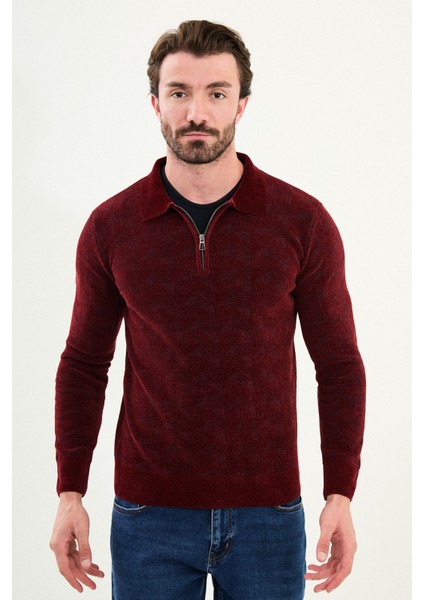 Desenli Slim Fit Fermuarlı Polo Yaka Şönil Kumaş Erkek Triko Kazak