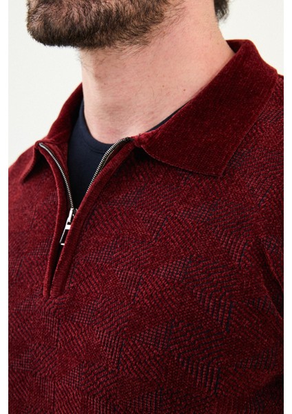 Desenli Slim Fit Fermuarlı Polo Yaka Şönil Kumaş Erkek Triko Kazak fiyatları