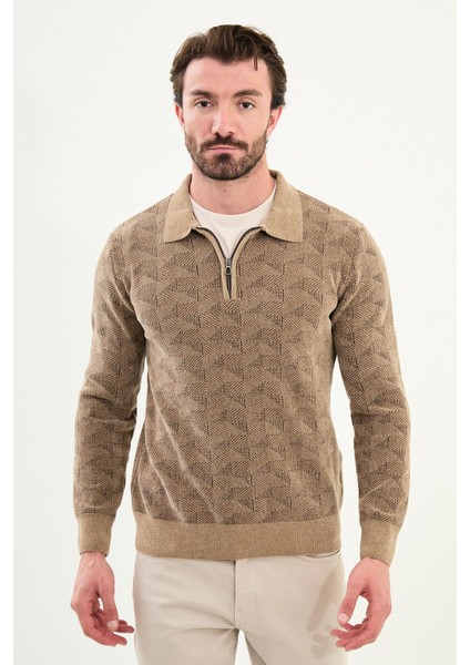 Desenli Slim Fit Fermuarlı Polo Yaka Şönil Kumaş Erkek Triko Kazak