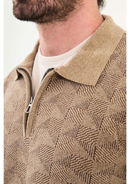 Desenli Slim Fit Fermuarlı Polo Yaka Şönil Kumaş Erkek Triko Kazak fiyatları