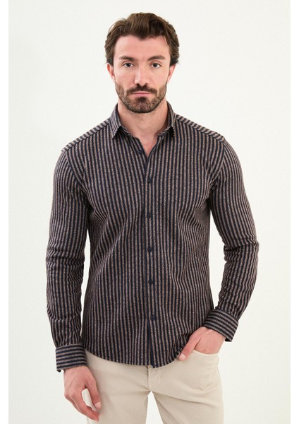 Çizgili Slim Fit Yün Erkek Gömlek