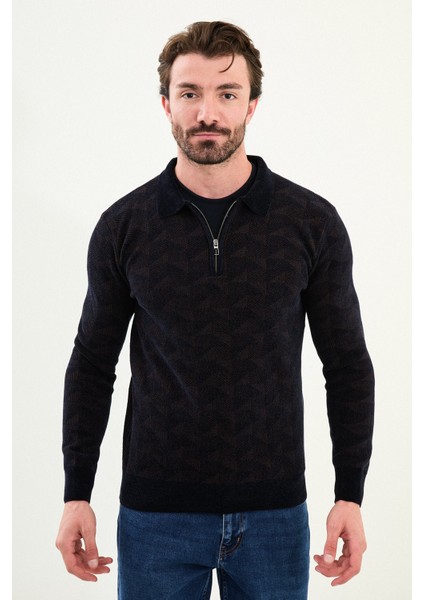 Desenli Slim Fit Fermuarlı Polo Yaka Şönil Kumaş Erkek Triko Kazak