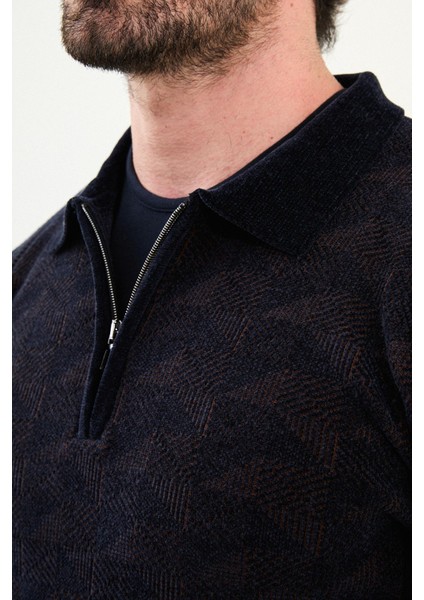 Desenli Slim Fit Fermuarlı Polo Yaka Şönil Kumaş Erkek Triko Kazak fiyatları