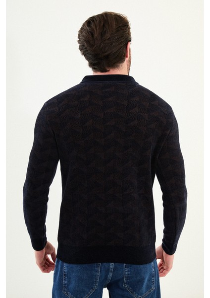 Desenli Slim Fit Fermuarlı Polo Yaka Şönil Kumaş Erkek Triko Kazak modelleri