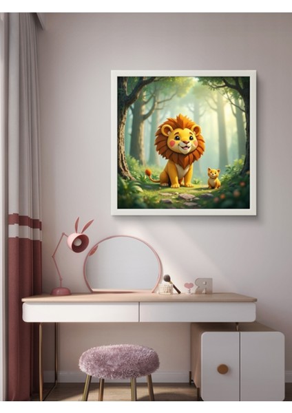 Minik Aslan Çocuk Odası LED Tablo – 60X60 cm | Sıva Üstü Montajlı, Tak-Çalıştır Sistem, Arapuarlı