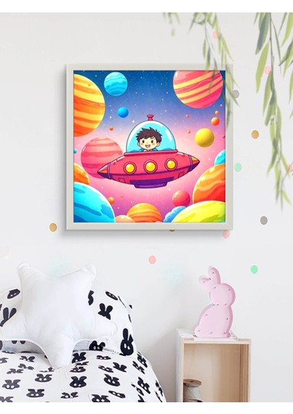 Uzay Gemisi Çocuk Odası LED Tablo – 60X60 cm | Sıva Üstü Montajlı, Tak-Çalıştır Sistem, Arapuarlı