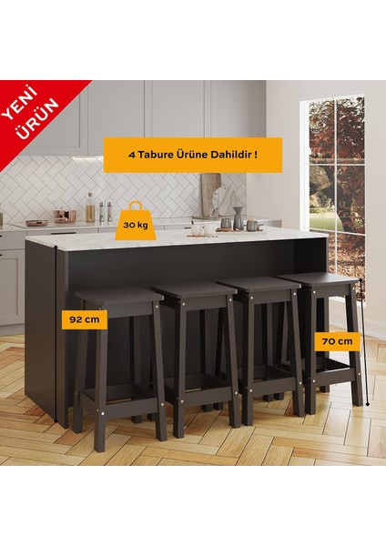 Kahlo G4633 4ADET Antrasit Tabure Mutfak Ada 160CM Carrara Mermer Desen Antrast Barmasa Kapaklıdolap fırsatları