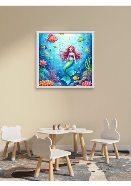 Deniz Kızı ve Balıklar Çocuk Odası LED Tablo – 60X60 cm | Sıva Üstü Montajlı, Tak-Çalıştır Sistem,