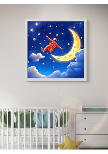 Astronot ve Ay Çocuk Odası LED Tablo – 60X60 cm | Sıva Üstü Montajlı, Tak-Çalıştır Sistem, Arapuarlı