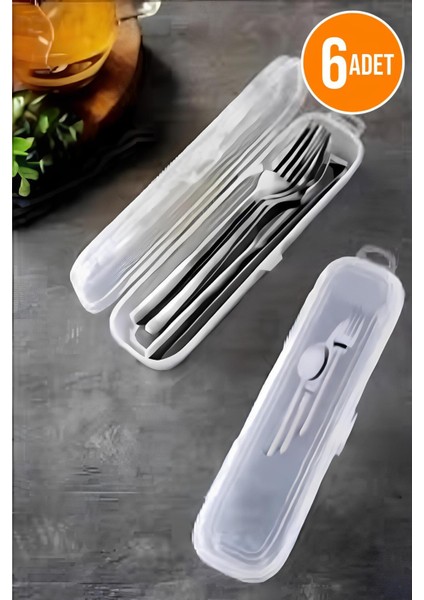 6 Adet Şeffaf Saklama Kutusu, Kaşık Çatal Bıçak, Makyaj ve Kalemlik Seti, Turuncu