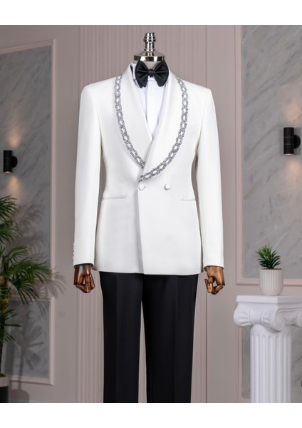 Italyan Stil Slim Fit Şal Yaka Taşlı Ceket Pantolon Damatlık Set Beyaz T14550