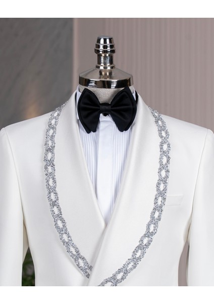 Italyan Stil Slim Fit Şal Yaka Taşlı Ceket Pantolon Damatlık Set Beyaz T14550 fiyatları