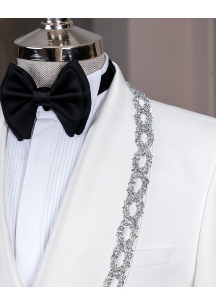 Italyan Stil Slim Fit Şal Yaka Taşlı Ceket Pantolon Damatlık Set Beyaz T14550 modelleri