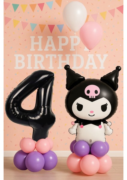 1- 9 Yaş Kuromi Doğum Günü Balon Seti Karakter Balon Siyah Rakam Pembe Mor Pastel Balon Videolu Kolay Kurulum