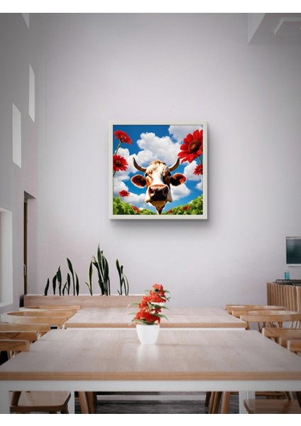 Bulutlar ve Inek Restoran LED Tablo – 60X60 cm | Sıva Üstü Montajlı, Tak-Çalıştır Sistem, Arapuarlı modelleri