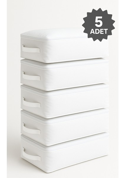 1. Beyaz Çekyat ve Yatak Altı Saklama Kutusu 65X45X22 cm (5’li) 2. Çok Amaçlı Beyaz Saklama Kutusu 65X45X22 cm (5 Adet) 3. Beyaz Çok Amaçlı Düzenleyici Kutular 65