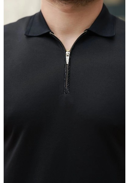 Erkek Deri Panel Detaylı Fermuar Yakalı Kısa Kollu Tişört modelleri