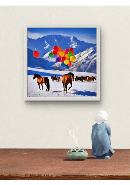 Doğadaki Atlar ve Balonlar LED Tablo – 60X60 cm | Sıva Üstü Montajlı, Tak-Çalıştır Sistem
