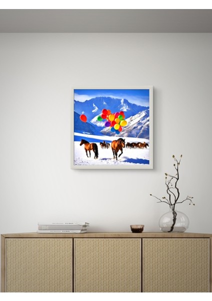 Doğadaki Atlar ve Balonlar LED Tablo – 60X60 cm | Sıva Üstü Montajlı, Tak-Çalıştır Sistem indirimleri