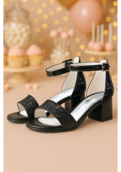 Elsa Siyah Simli Kalın Topuklu Kız Çocuk Abiye Ayakkabı