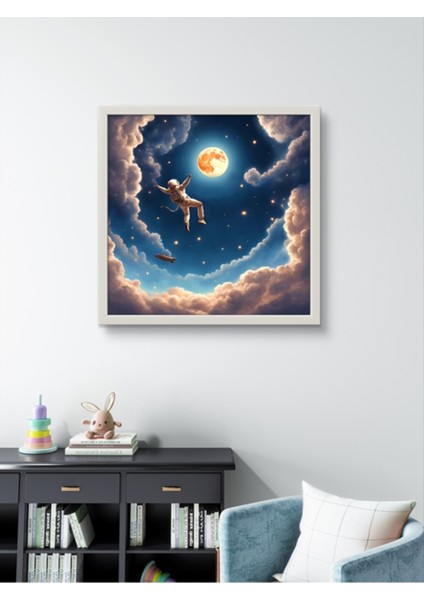 Astronot Ay ve Uzay Çocuk Odası LED Tablo ,60X60 cm | Sıva Üstü Montajlı, Tak-Çalıştır Sistem,