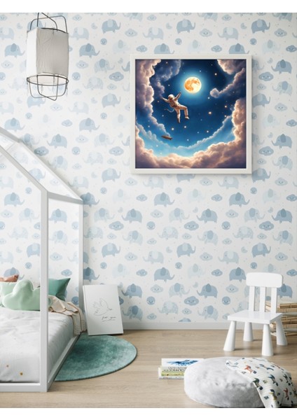 Astronot Ay ve Uzay Çocuk Odası LED Tablo ,60X60 cm | Sıva Üstü Montajlı, Tak-Çalıştır Sistem,