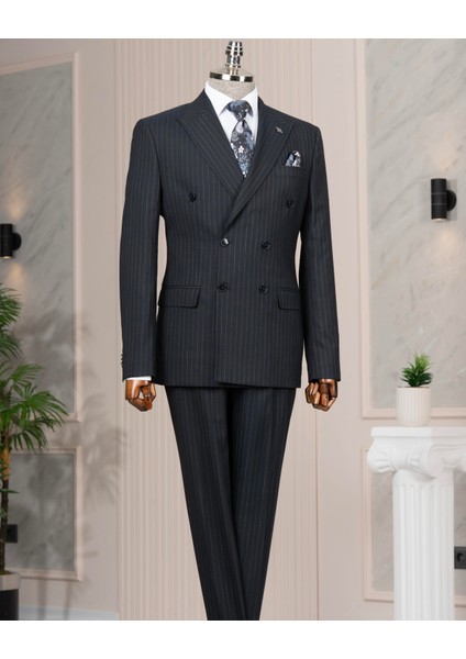 Italyan Stil Slim Fit Kruvaze Ceket Pantolon Takım Elbise Lacivert T14465