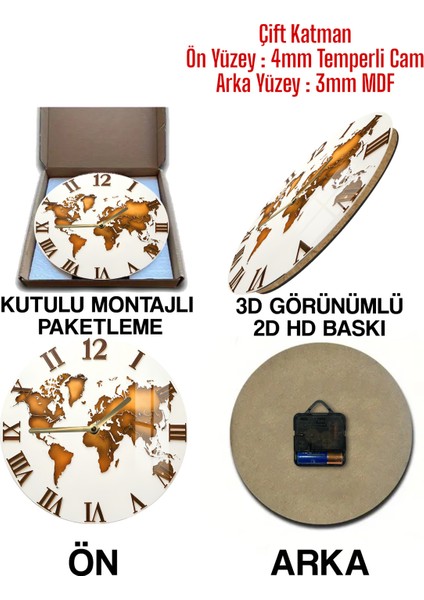 Dünya Haritası Roma Rakamlı 3D Görünümlü Temperli Cam Saat – 33 cm CSDW373 indirimleri