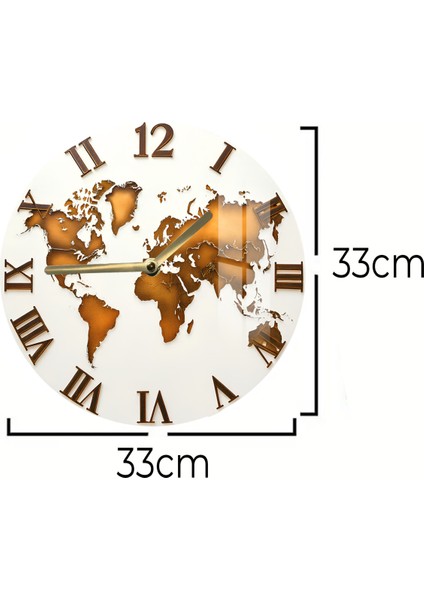 Dünya Haritası Roma Rakamlı 3D Görünümlü Temperli Cam Saat – 33 cm CSDW373