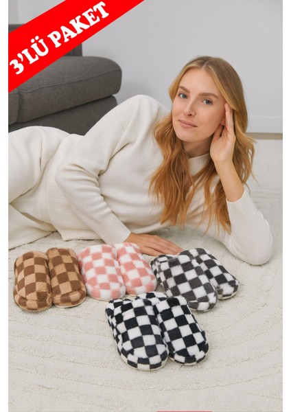 3'lü Paket Kareli Kapalı Kadın Terlik Ev Terliği