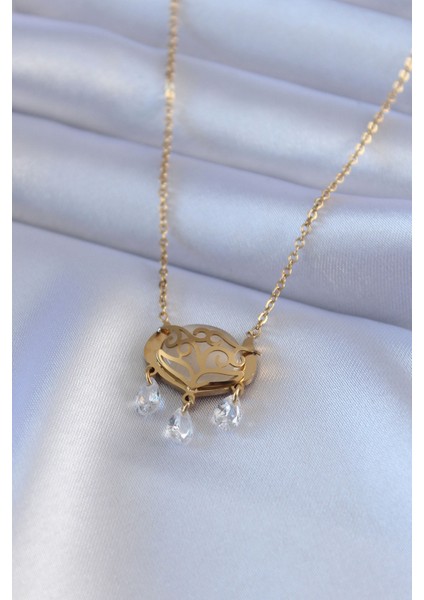 316L Çelik Gold Renk Lotus Model Zirkon Taşlı Kadın Kolye - TJ-BKO7578