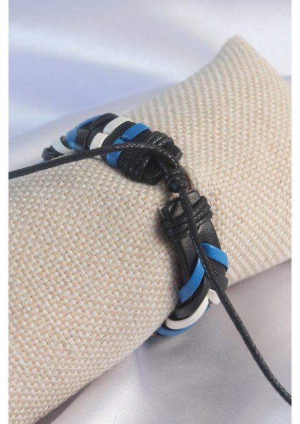 Mavi Beyaz Renk Siyah Deri Ipli Erkek Bileklik - TJ-EB3584 fiyatları