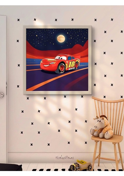 Kırmızı Şimşek Çocuk Odası LED Tablo – 60X60 cm | Sıva Üstü Montajlı, Tak-Çalıştır Sistem, Arapuarlı