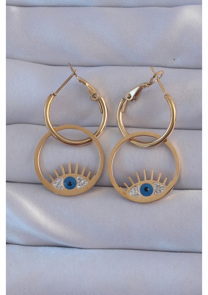 316L Çelik Gold Renk Zirkon Taşlı Mavi Göz Tasarımlı Halka Küpe - TJ-BKP9164