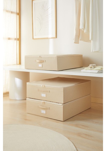 3 Adet Bej Balıksırtı Baza Altı Valiz Düzenleyici 55X70X18