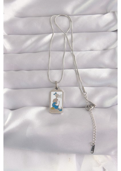 316L Çelik Gümüş Renk Beyaz Mineli Kız Figür Tarot Kolye - TJ-BKO9049 fiyatları