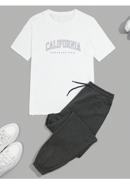 %100 Pamuk Beyaz California Baskılı Tişört & Siyah Eşofman Altı Erkek Takım