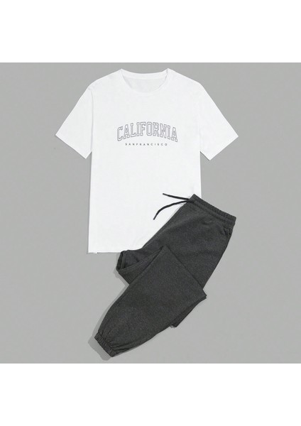 %100 Pamuk Beyaz California Baskılı Tişört & Siyah Eşofman Altı Erkek Takım fırsatları