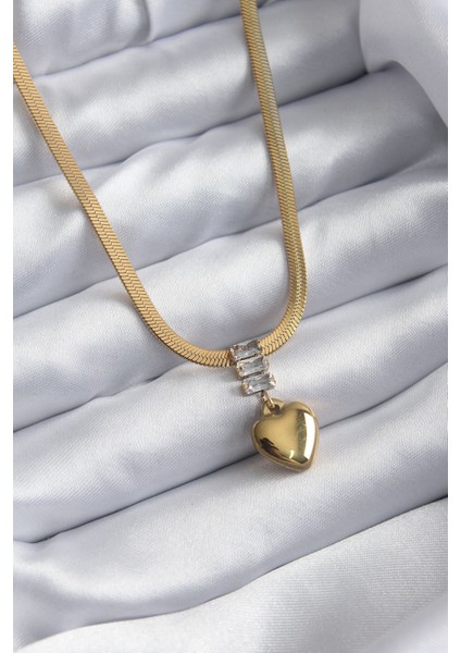 316L Çelik Gold Renk Italyan Zincir Model Kalp Figür Nazar Boncuk Detay Kadın Kolye - TJ-BKO7925
