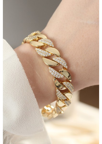 Vip Seri Pirinç Zirkon Taşlı Gold Renk Gurmet Bileklik - TJ-BB6049