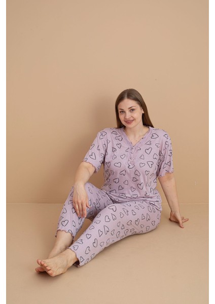 Kadın Büyük Beden Desenli Yakası Düğmeli Kısa Kollu Bambu Pijama Takımı