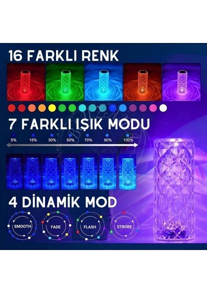 Kristal Elmas Masa Lambası Kumandalı 16 Renk USB Şarjlı Dokunmatik Romantik Gül Işık Gece Lambası